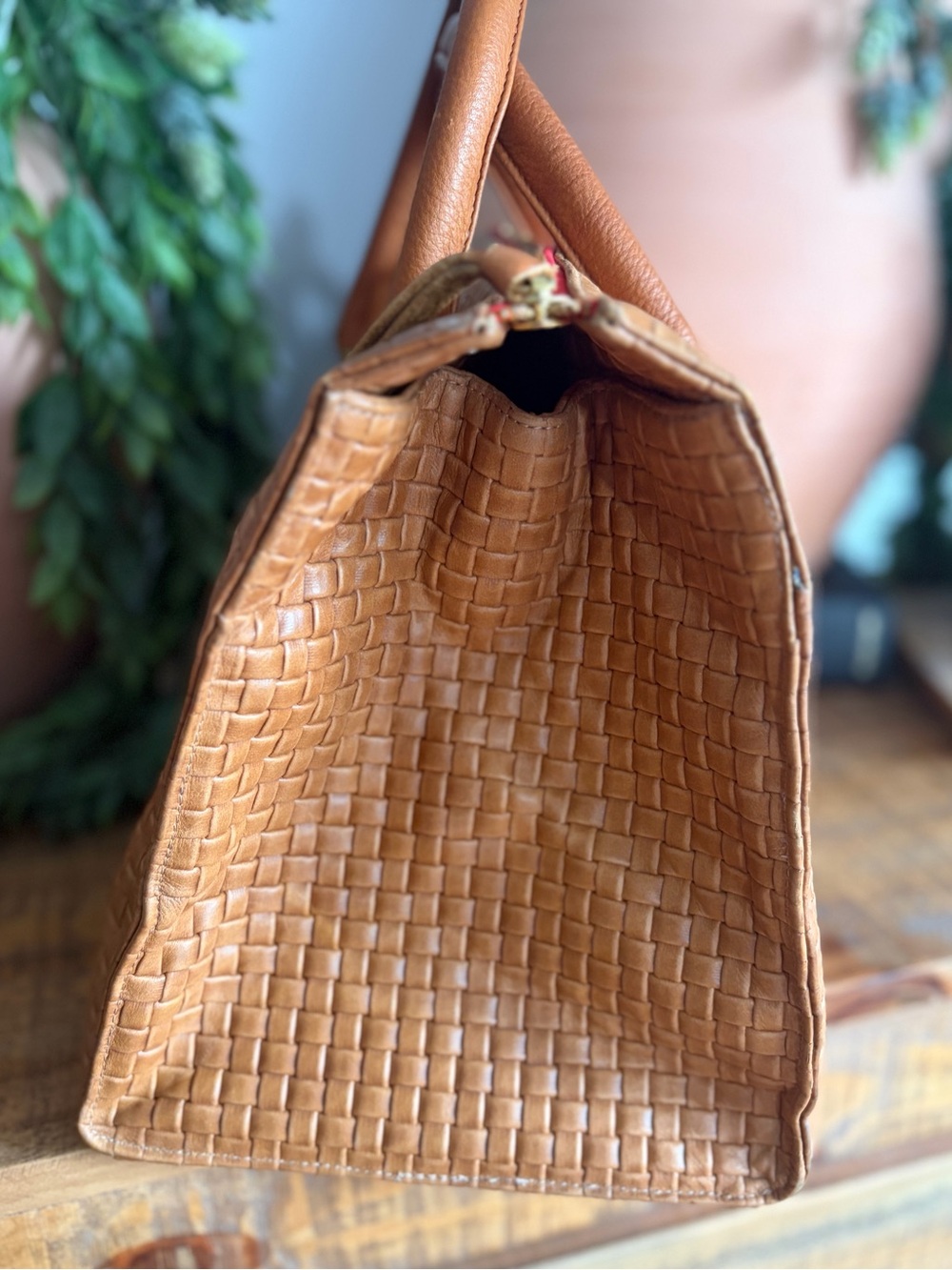 Clare V. Woven Leather Satchel Handbag in Cognac - Picture 5 of 13